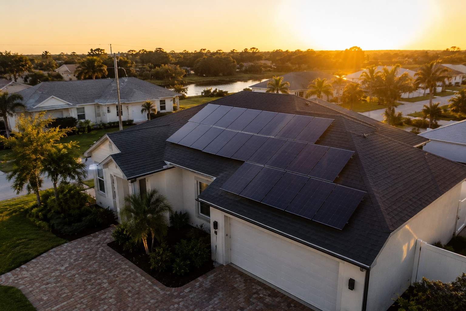 Casa en Florida con paneles solares - vista aerea al atardecer